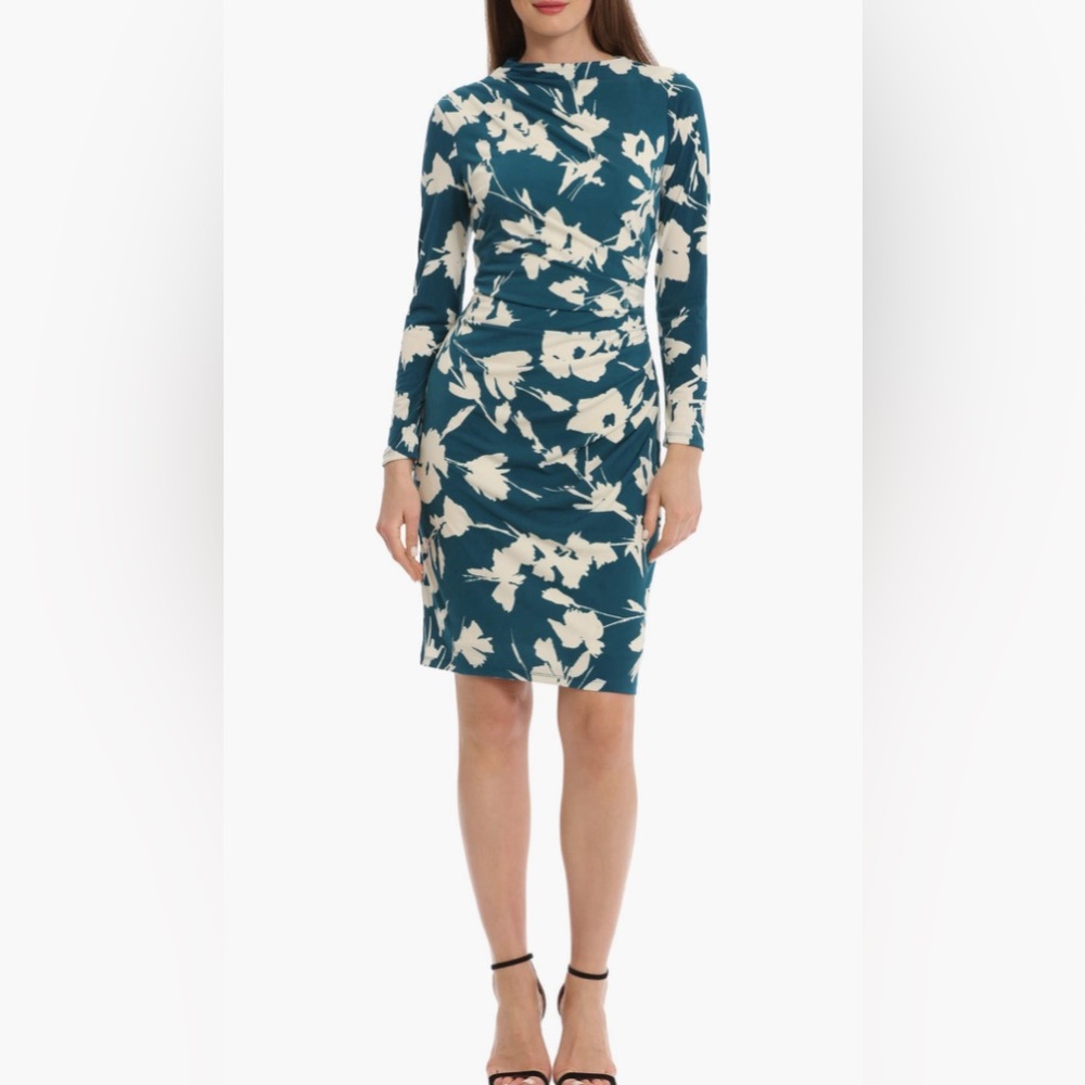 Maggy London floral long sleeve ruched body-con dress